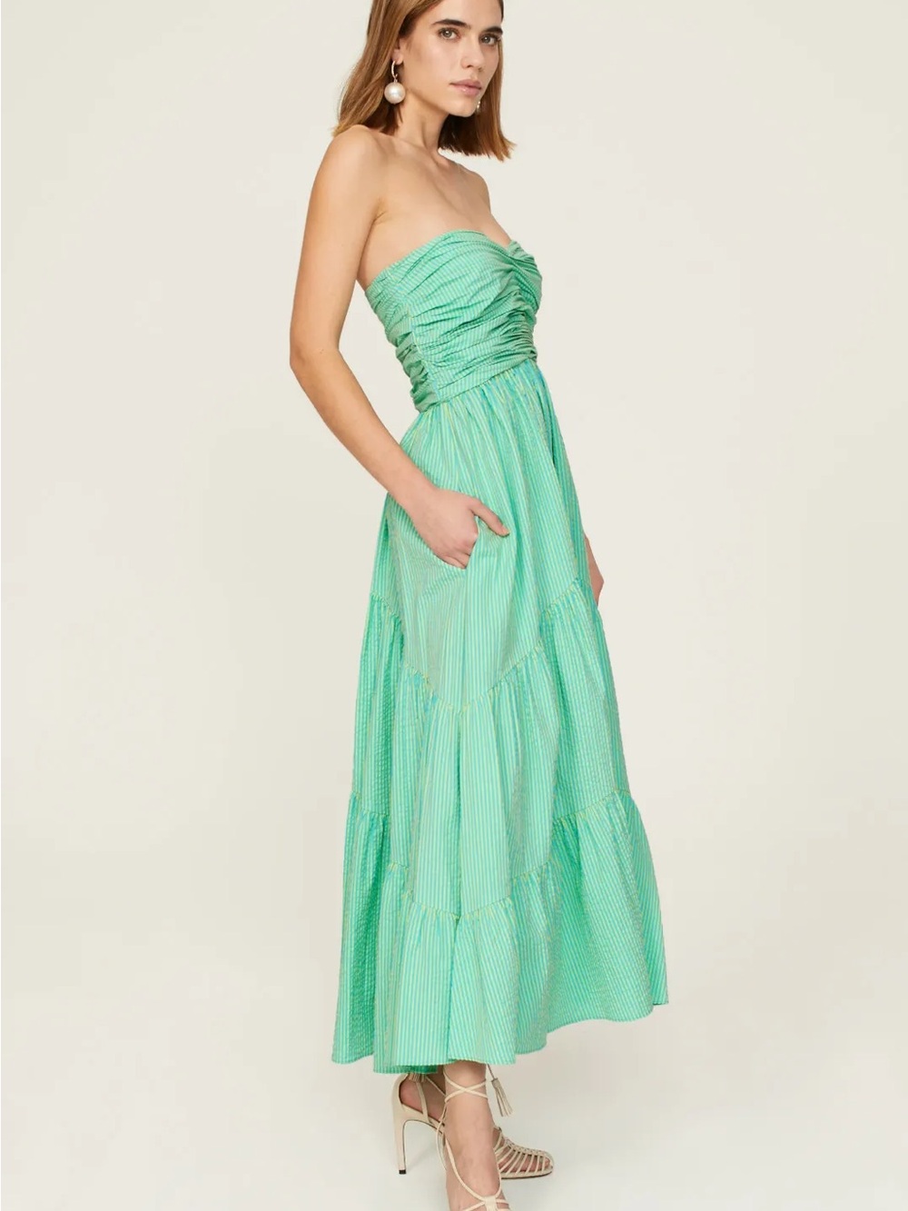 cinq a sept Maurice Strapless Mint Green Tiered Maxi Dress with Pockets